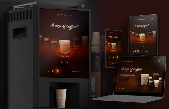 One Slint coffee-machine UI running on an embedded display, a phone, a tablet and a laptop