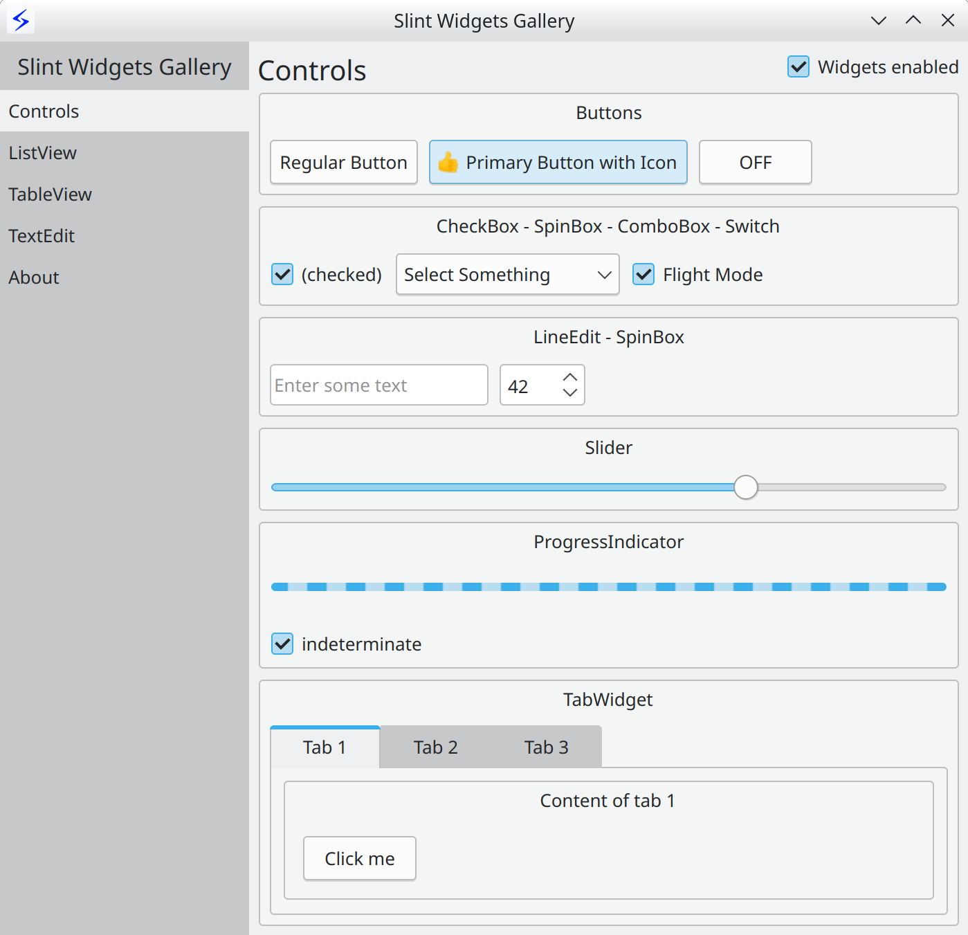 The Slint widget gallery rendered in the host platform's native style