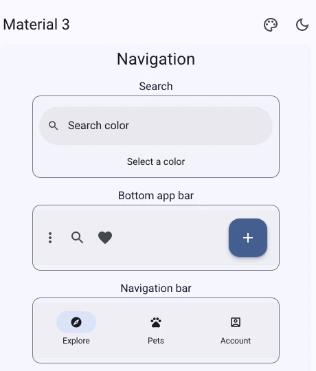 The Material 3 gallery: a search bar, a bottom app bar with a floating action button, and a navigation bar.