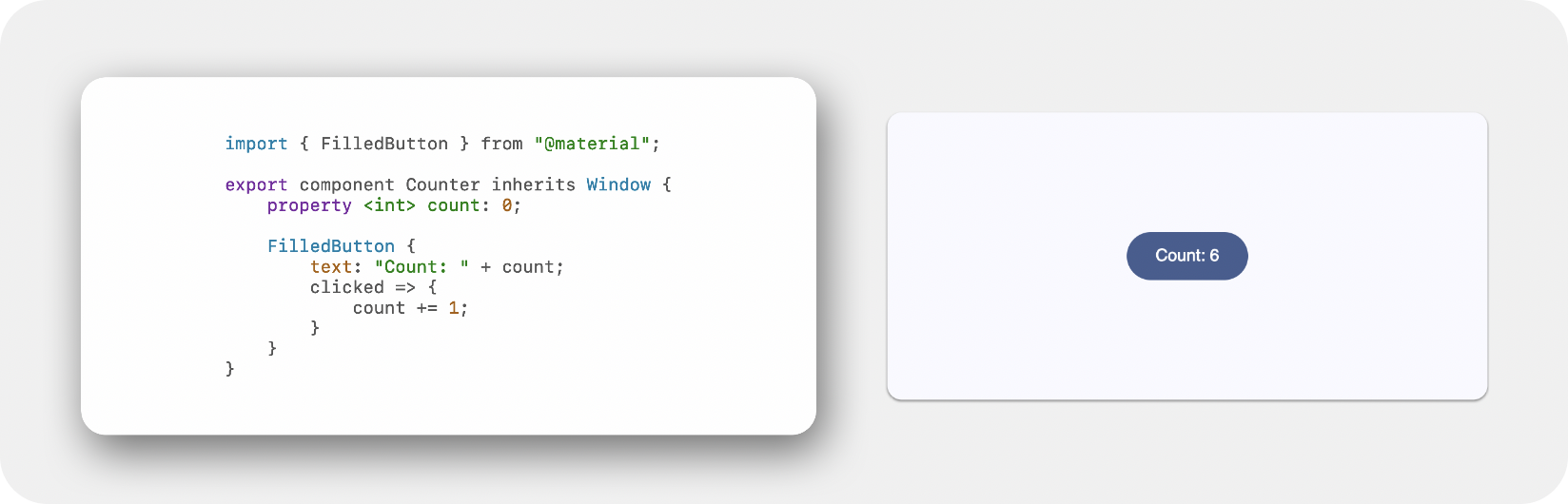A reactive counter using Slint and Material 3 Screenshot of a Slint application using a Material 3 component