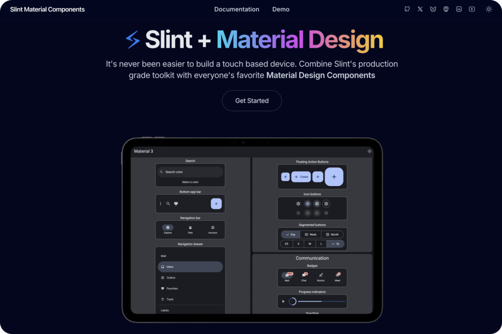 Visit the Slint Material Components site Screenshot of the Slint Material Components site showing the interactive gallery with various Material Design components