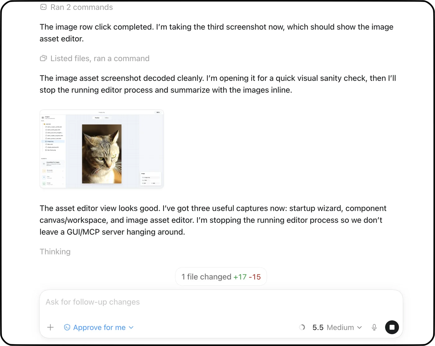 Codex with inline screenshots of a Slint app